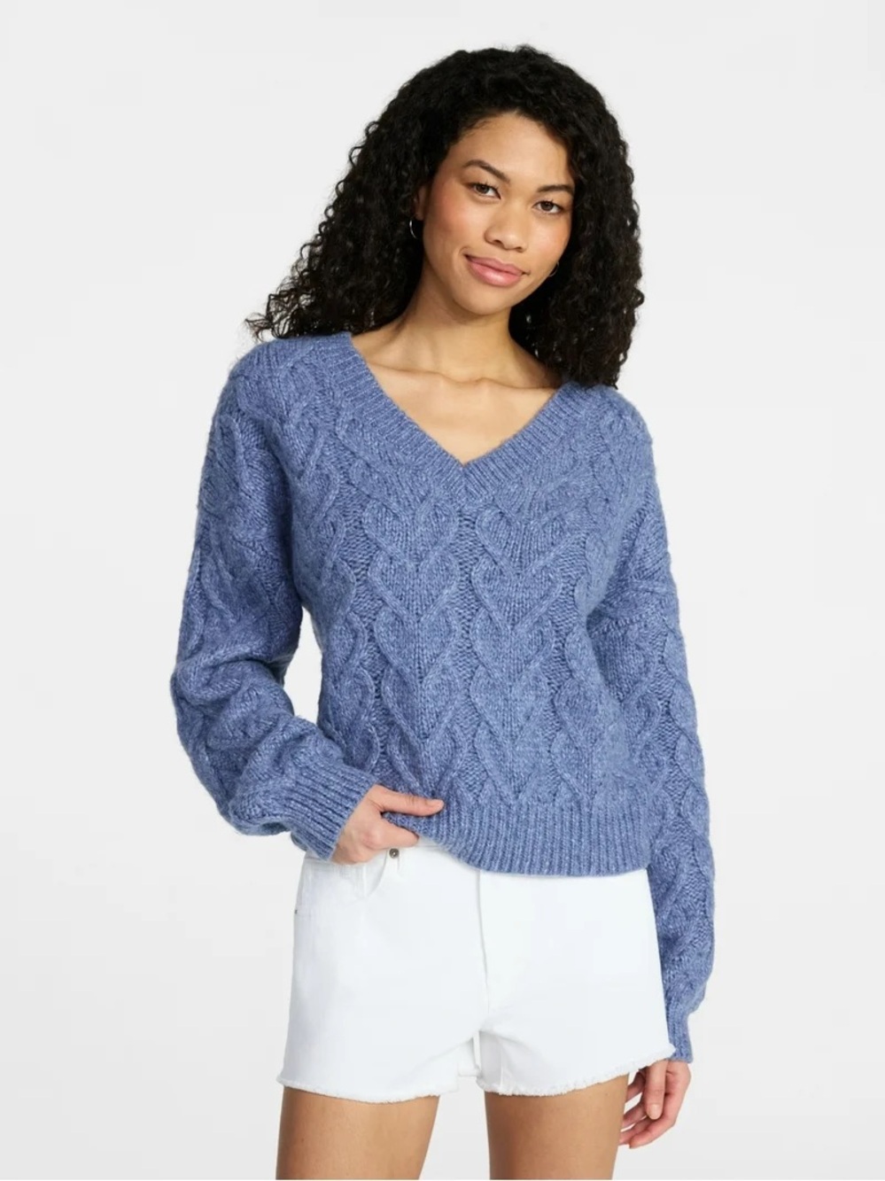No Boundaries V-Neck Cable Knit Sweater - Blue